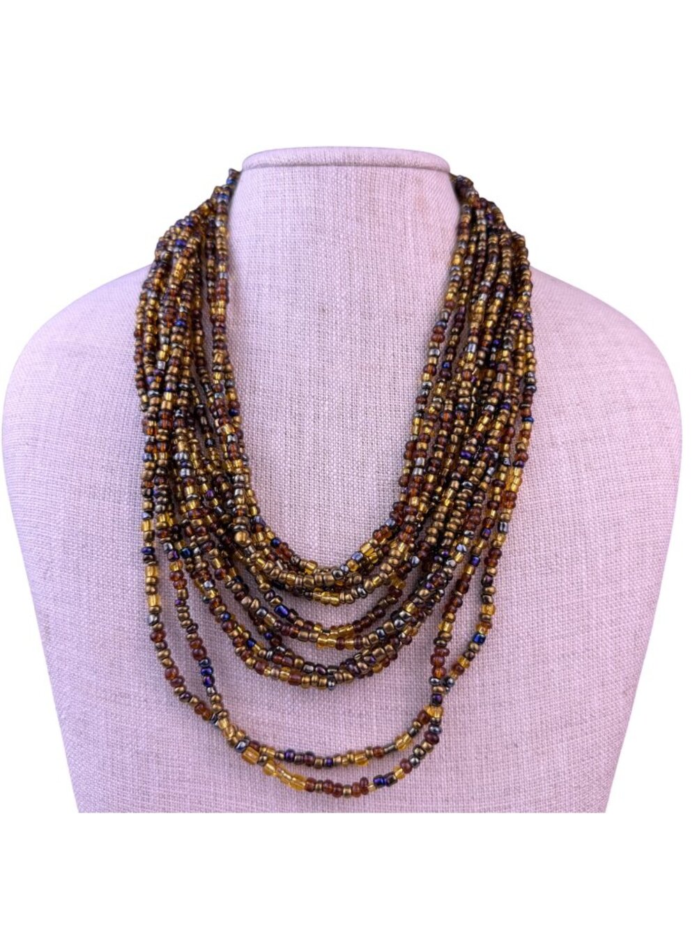Womens Brown Gold Glass Bead Necklace Necklace 12 Strands